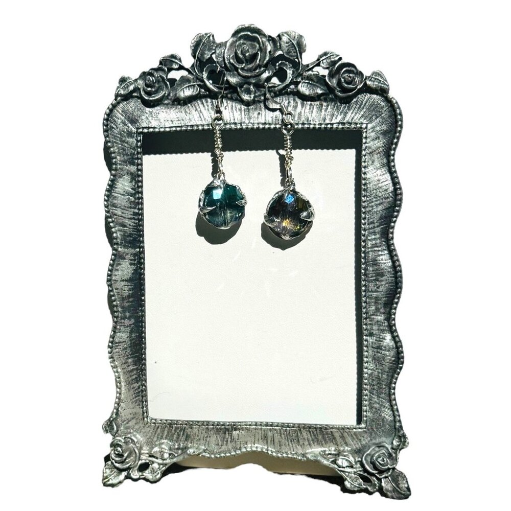 Artisan Aurora Borealis Crystal Dangle Earrings 925 Hooks & Silver/Tin Metalwork - Picture 9 of 17